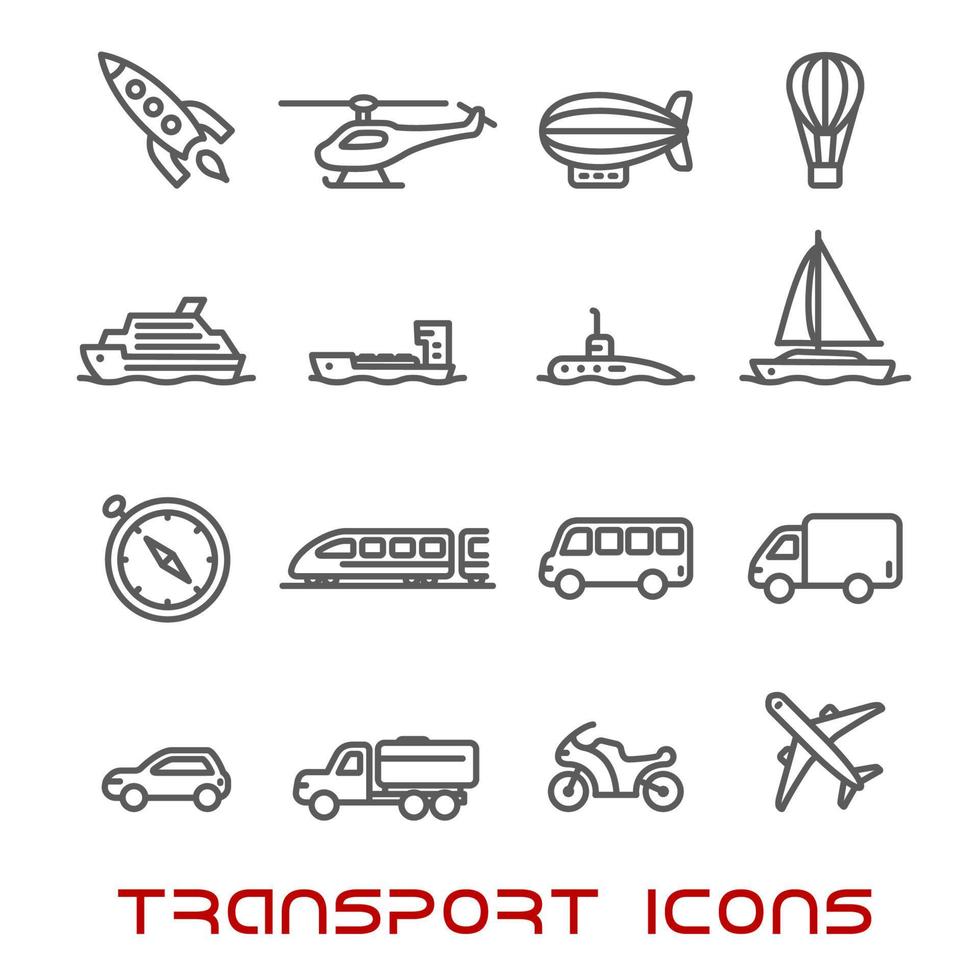 dun lijn vervoer pictogrammen reeks vector