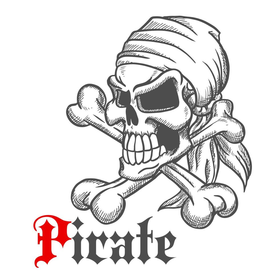piraat schedel schetsen met gekruiste beenderen vector
