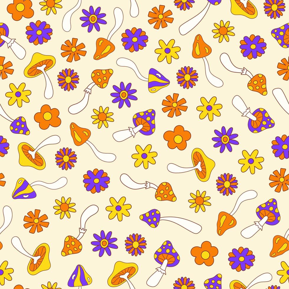 retro groovy naadloos patroon met bloemen en champignons Aan een licht achtergrond. vector illustratie in stijl hippie jaren 70, 80s