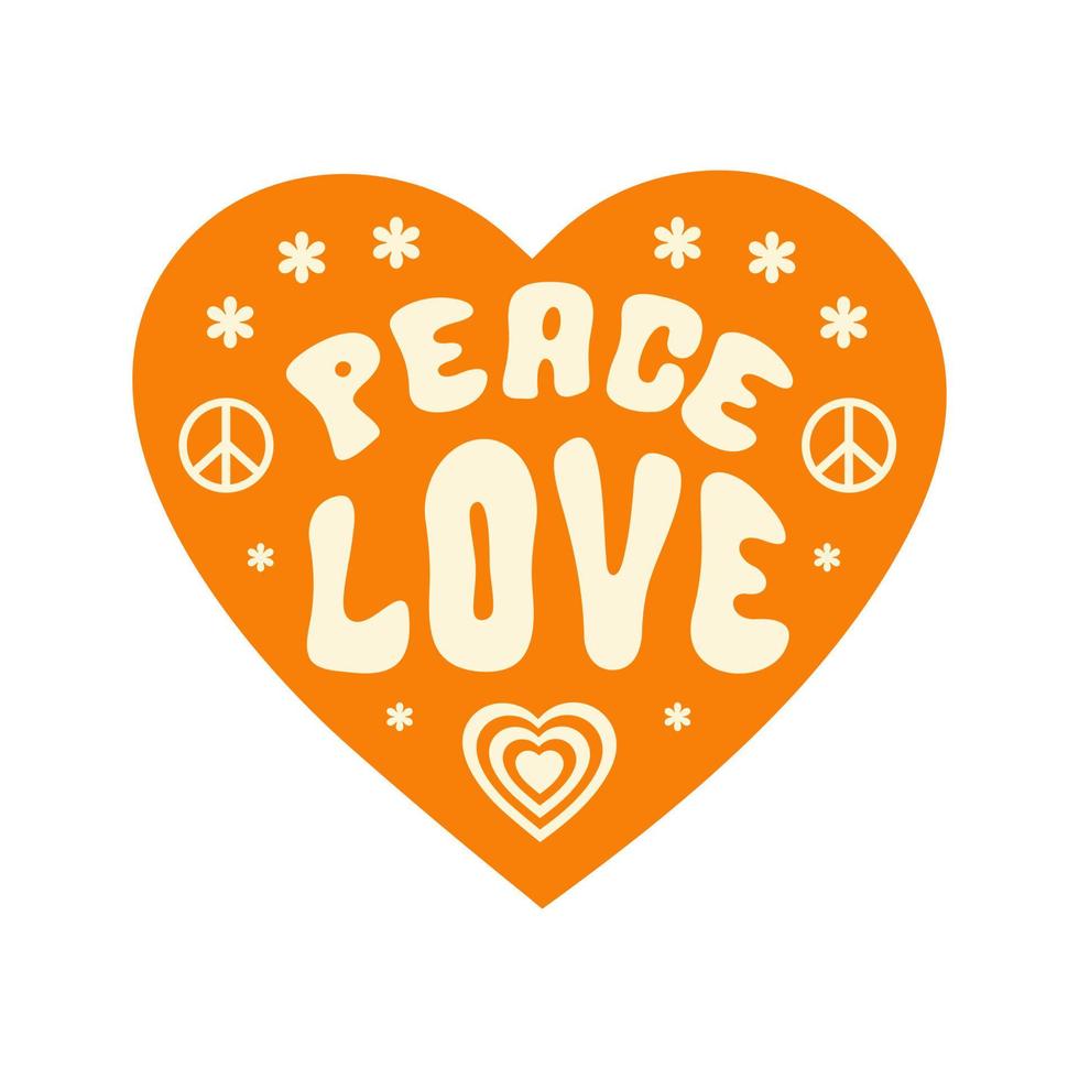 retro vrede liefde leuze met symbool vrede, schattig bloemen in hart vorm geven aan. modieus groovy afdrukken ontwerp voor affiches, stickers, kaarten, t - overhemden in stijl jaren 60, jaren 70. vector illustratie