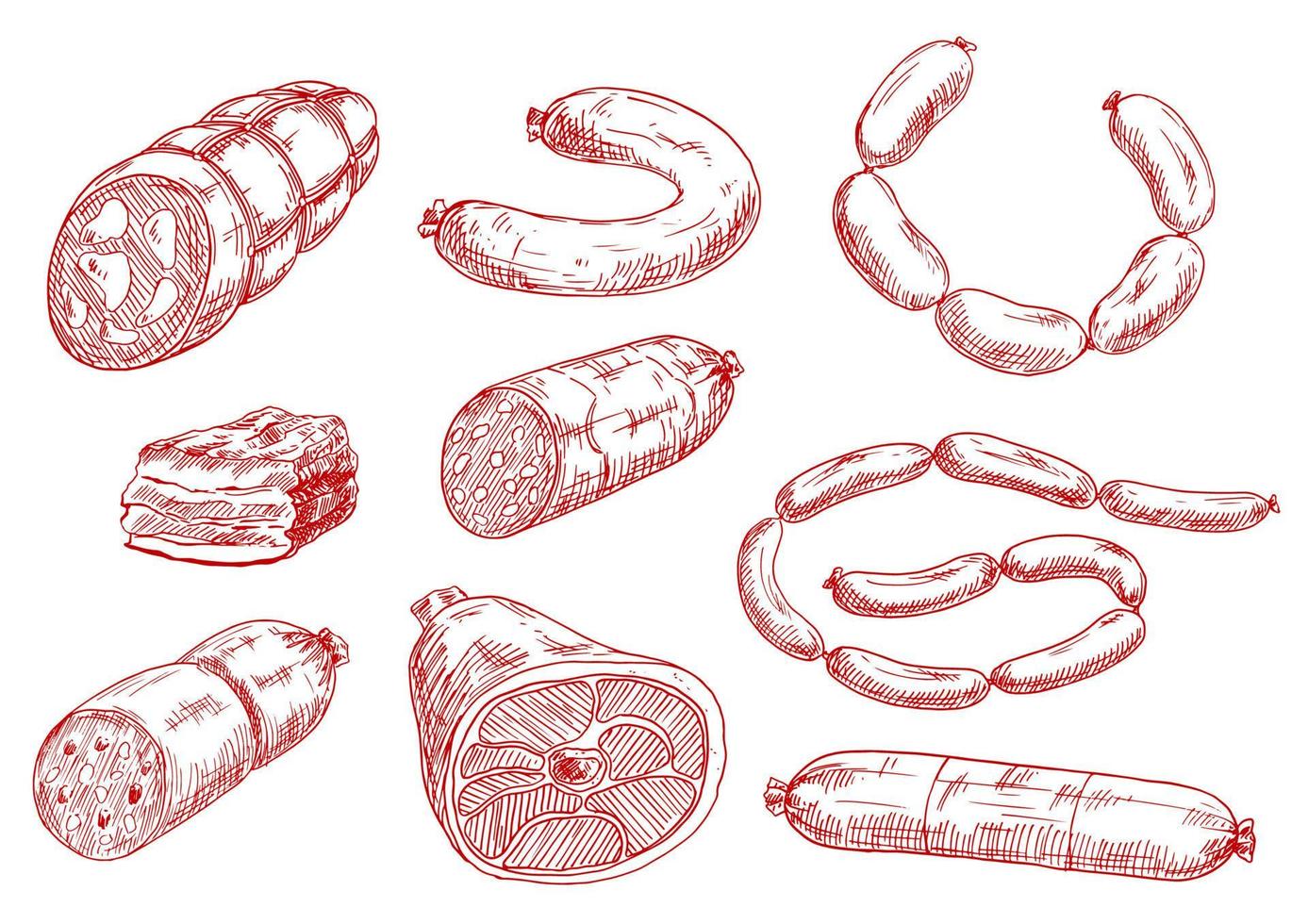 vers en smakelijk vlees producten rood schetsen pictogrammen vector