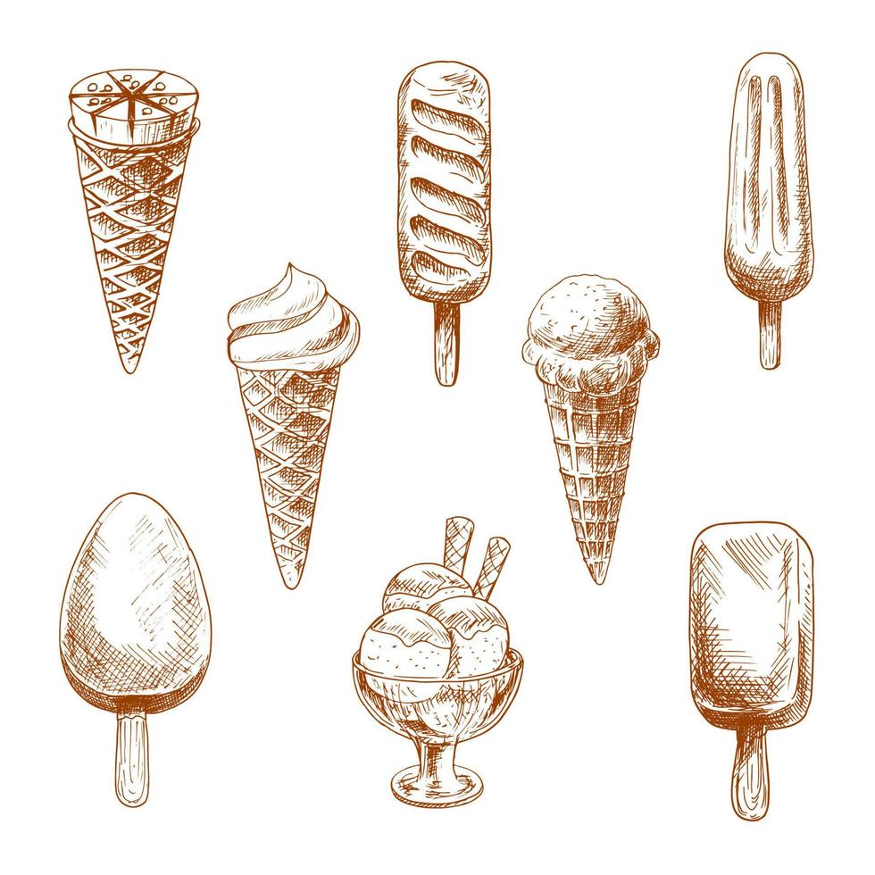 ijs room desserts gravure schetsen vector