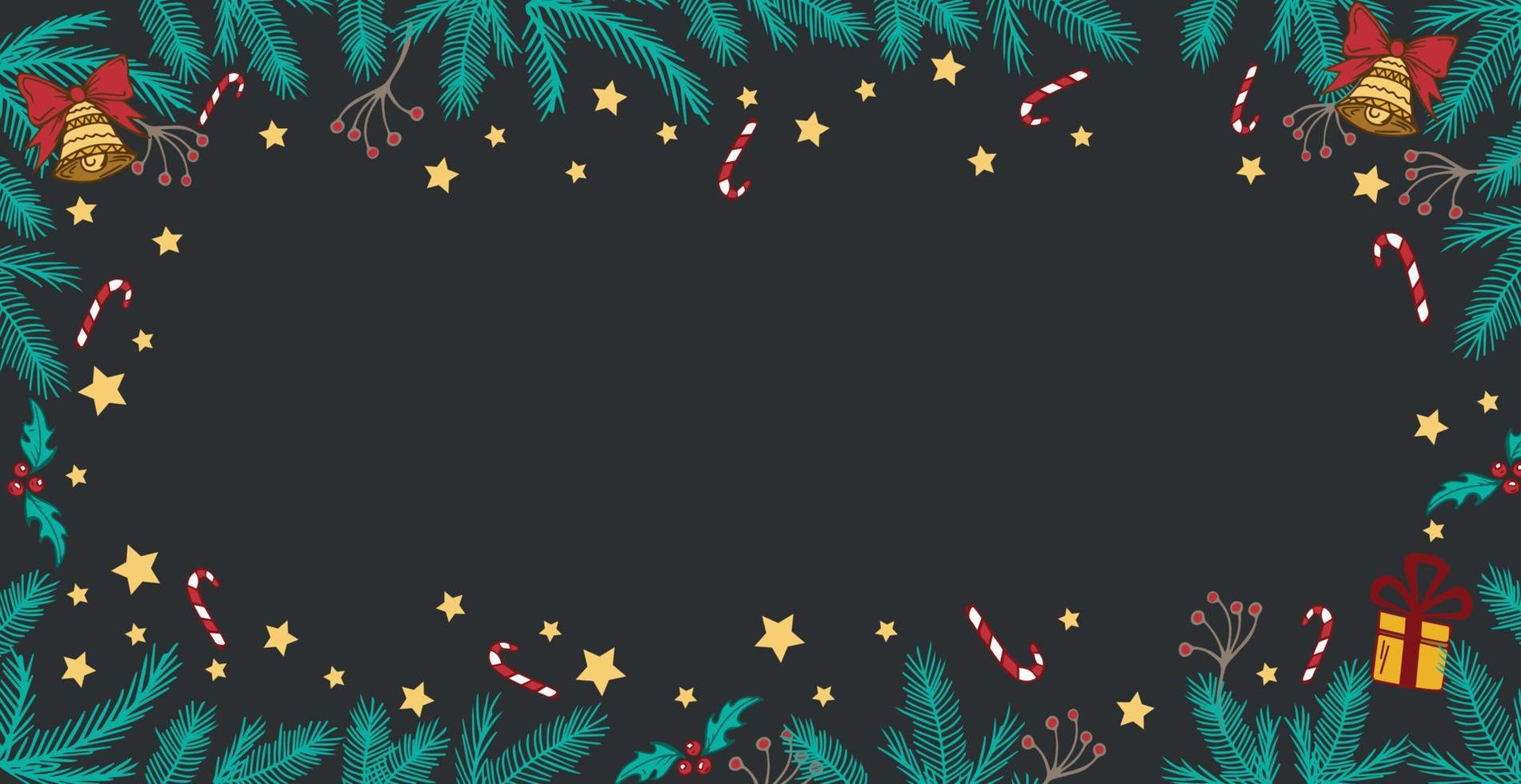donkere kerstachtergrond, kerstboom met versieringen, speelgoed en geschenken, witte achtergrond onder de tekst - vector