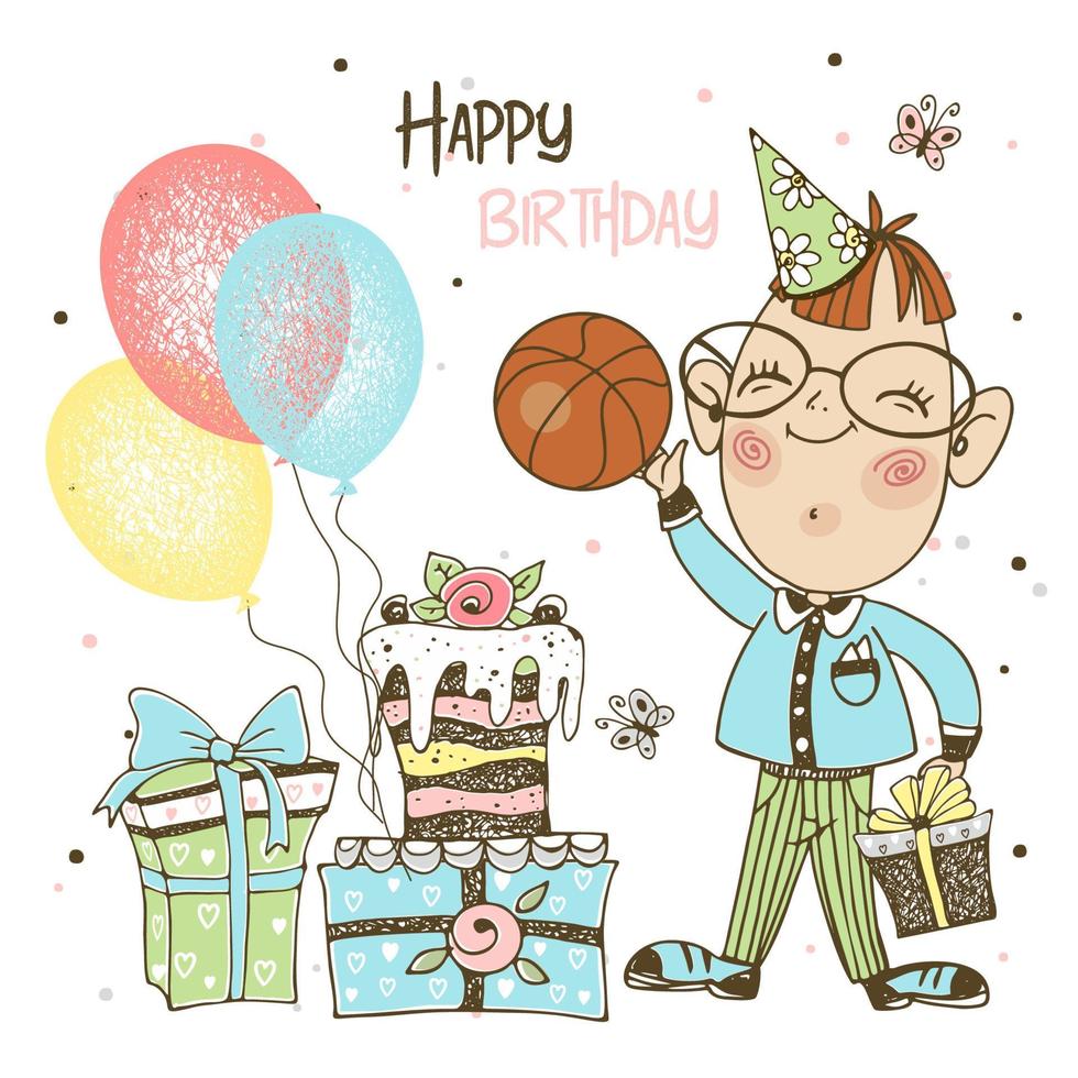 een verjaardag kaart voor de jongen. een jongen in een feestelijk pet met ballen, een bal en een taart viert zijn verjaardag. vector. vector
