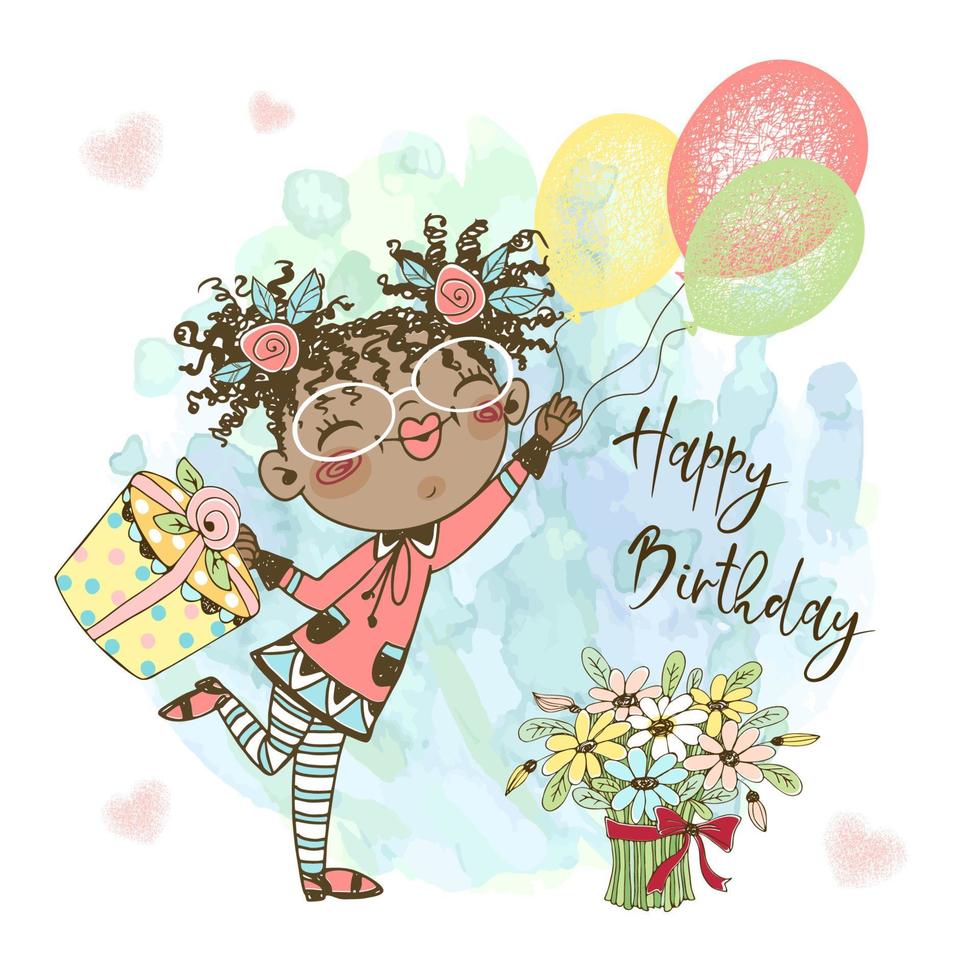 een verjaardag kaart voor een meisje. schattig meisje met ballonnen cadeaus en taart viert haar verjaardag. vector. vector