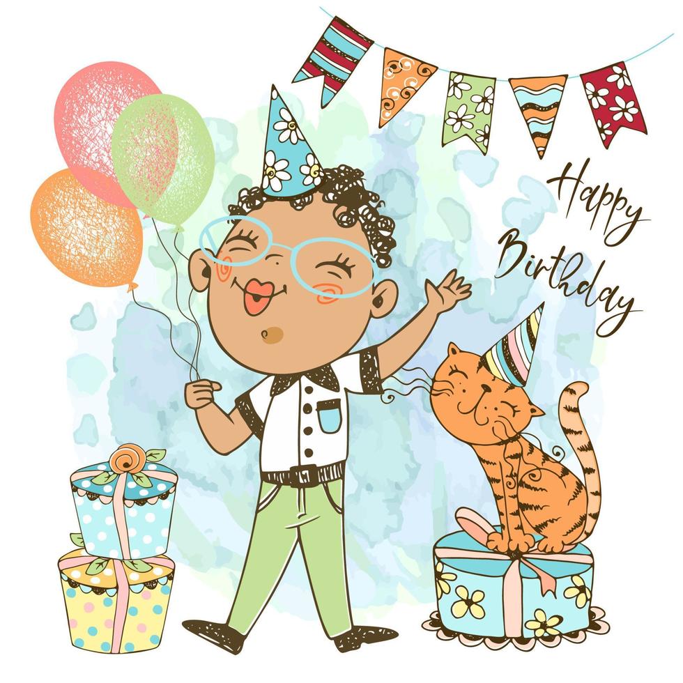 een verjaardag kaart voor de jongen. een jongen in een feestelijk pet met ballonnen, en een schattig kat viert zijn verjaardag. vector. vector