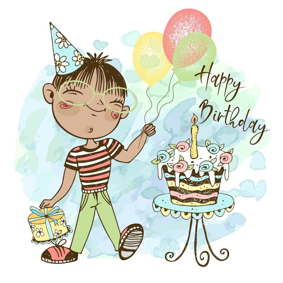 een verjaardag kaart voor de jongen. een jongen in een feestelijk pet met ballonnen en een taart viert zijn verjaardag. vector. vector