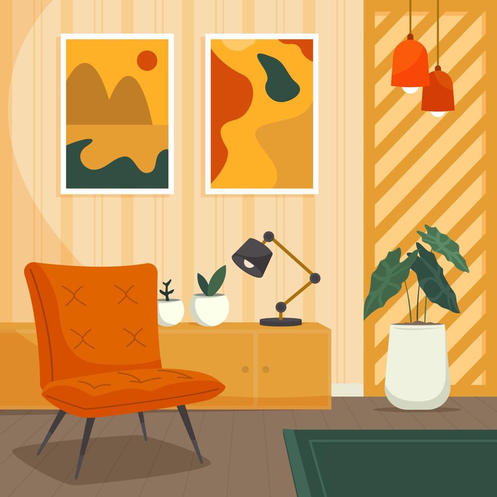 retro interieur met rood stoel achtergrond vector