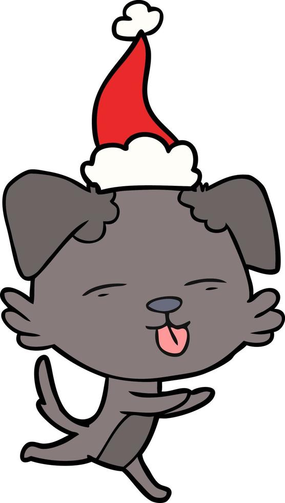 lijntekening van een hond die zijn tong uitsteekt en een kerstmuts draagt vector