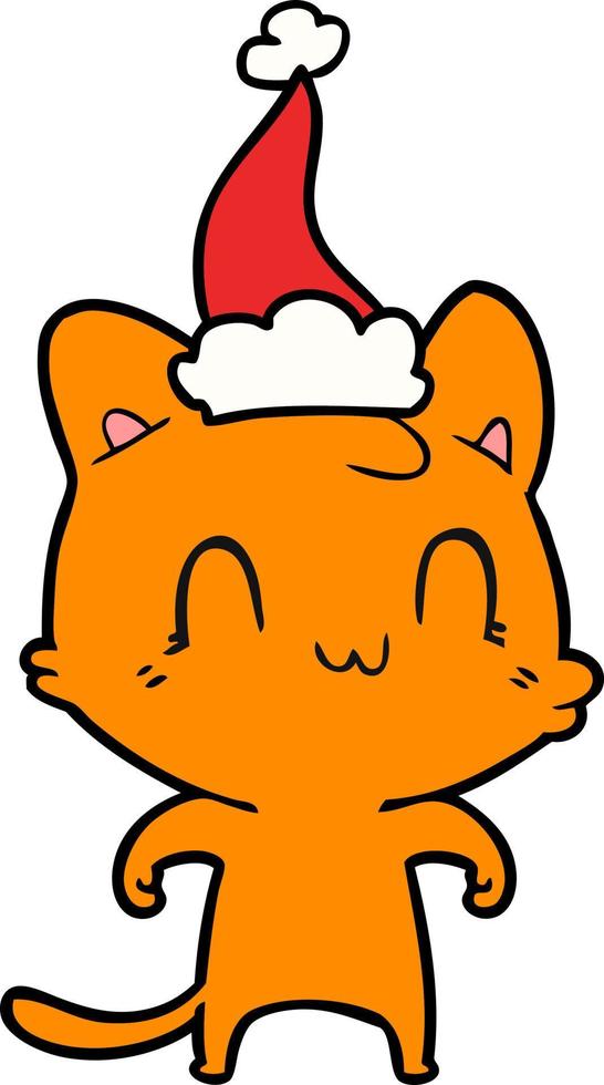 lijntekening van een gelukkige kat met een kerstmuts vector