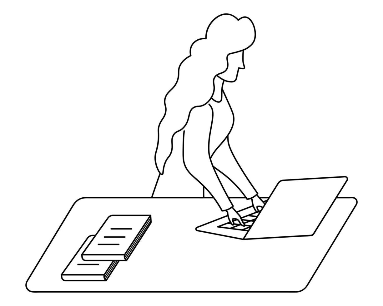 een zakenvrouw werken Bij een laptop, een leerling met lang krullen benaderingen de tafel Aan welke boeken liggen vector