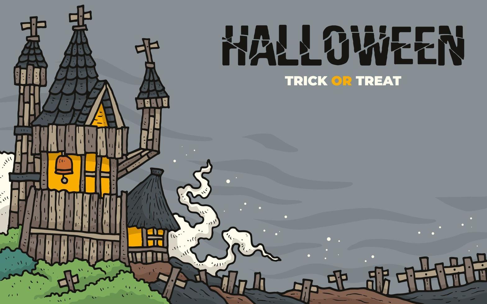 houten huis tekenfilm voor halloween dag met begraafplaats achtergrond vector