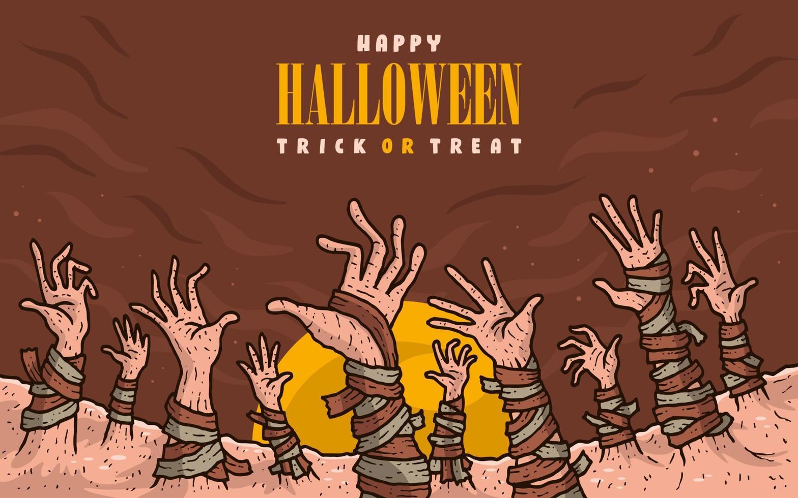 halloween achtergrond met zombie en mama eng handen tekenfilm illustratie vector