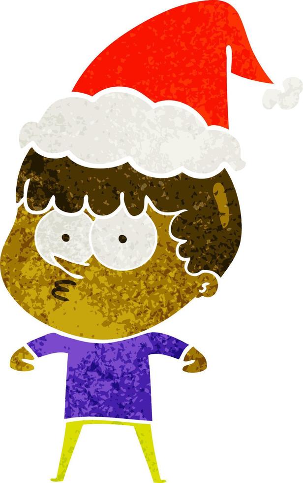retro cartoon van een nieuwsgierige jongen die een kerstmuts draagt vector
