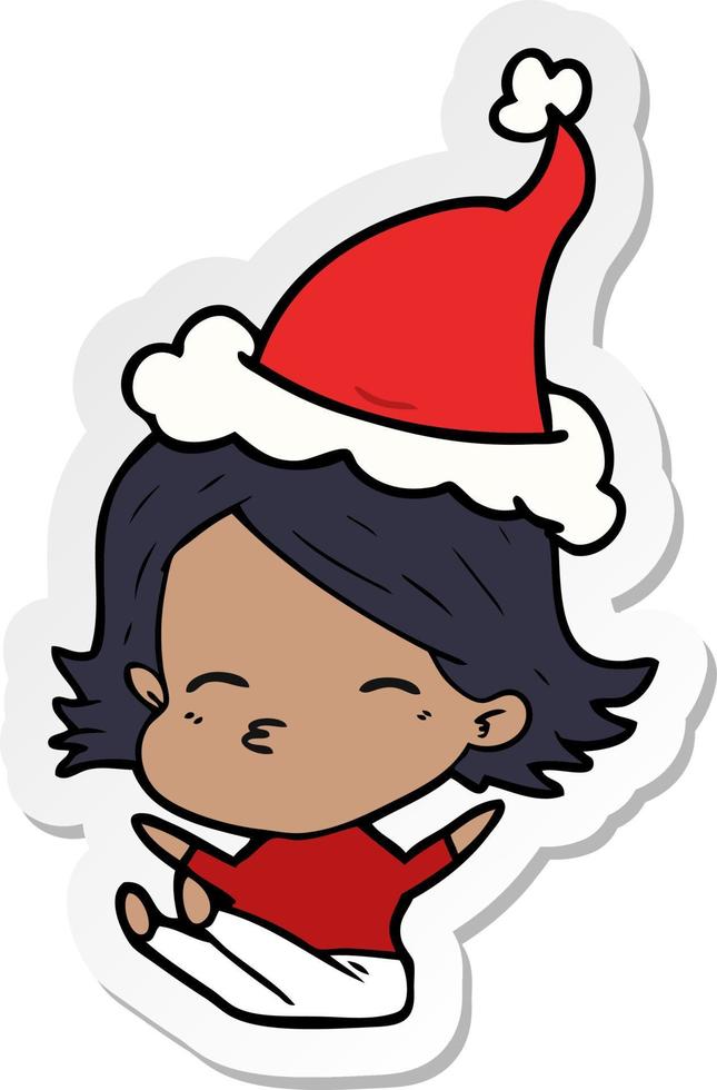 sticker tekenfilm van een vrouw zittend vervelend de kerstman hoed vector