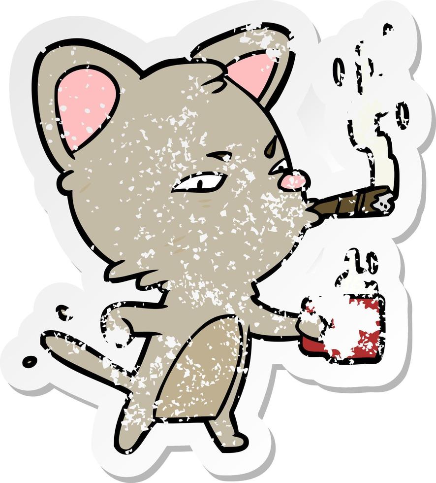 verontrust sticker van een tekenfilm kat met koffie en sigaar vector