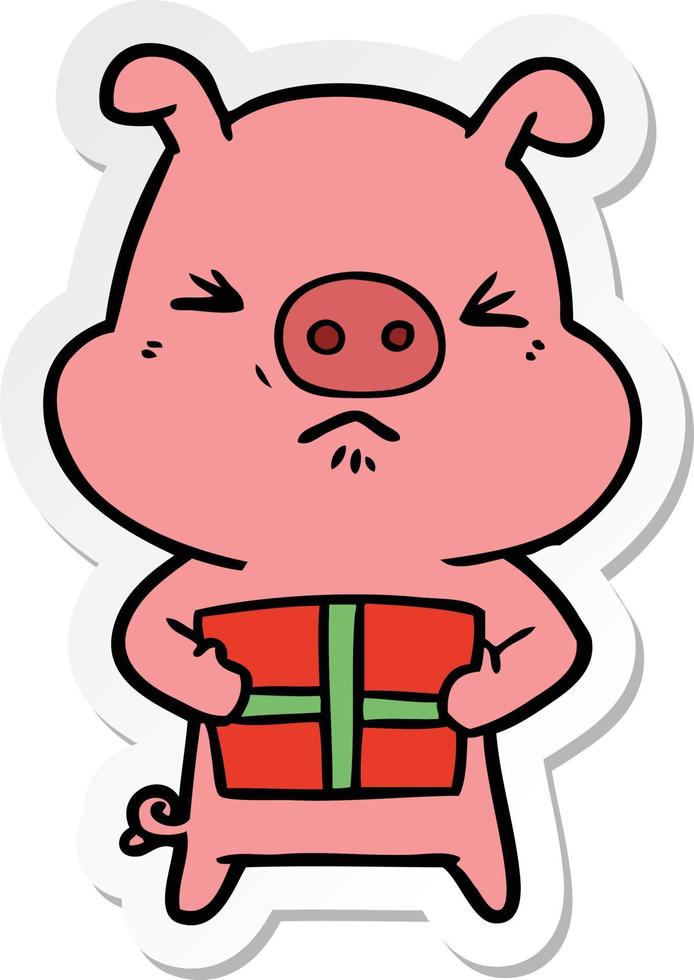 sticker van een tekenfilm boos varken met Kerstmis Cadeau vector