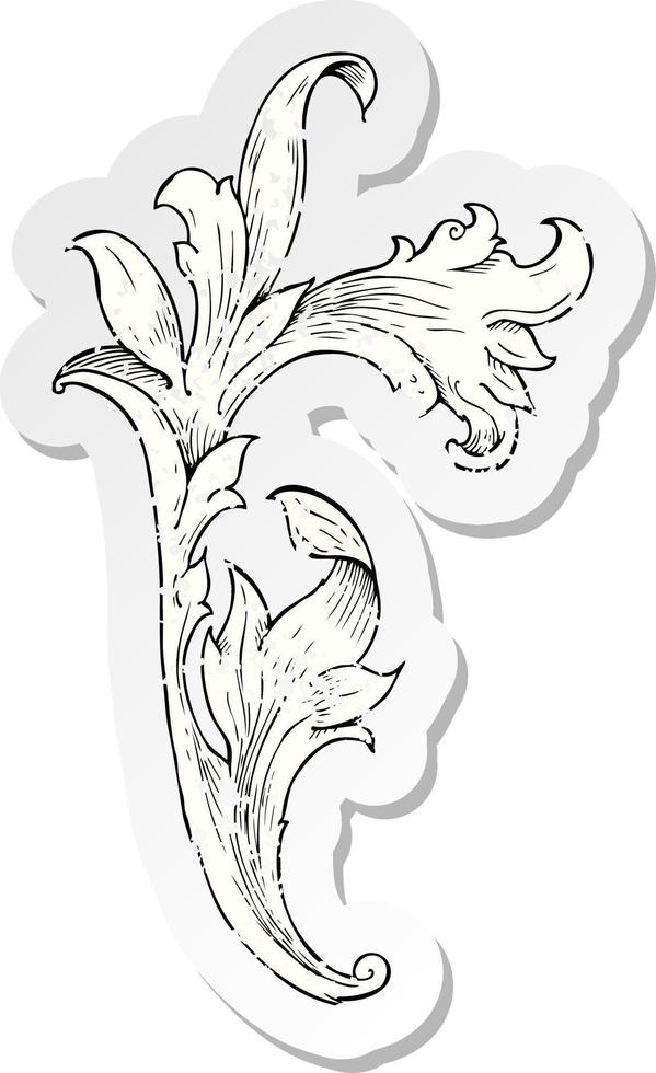retro verontruste sticker van een traditionele handgetekende bloemenwerveling vector