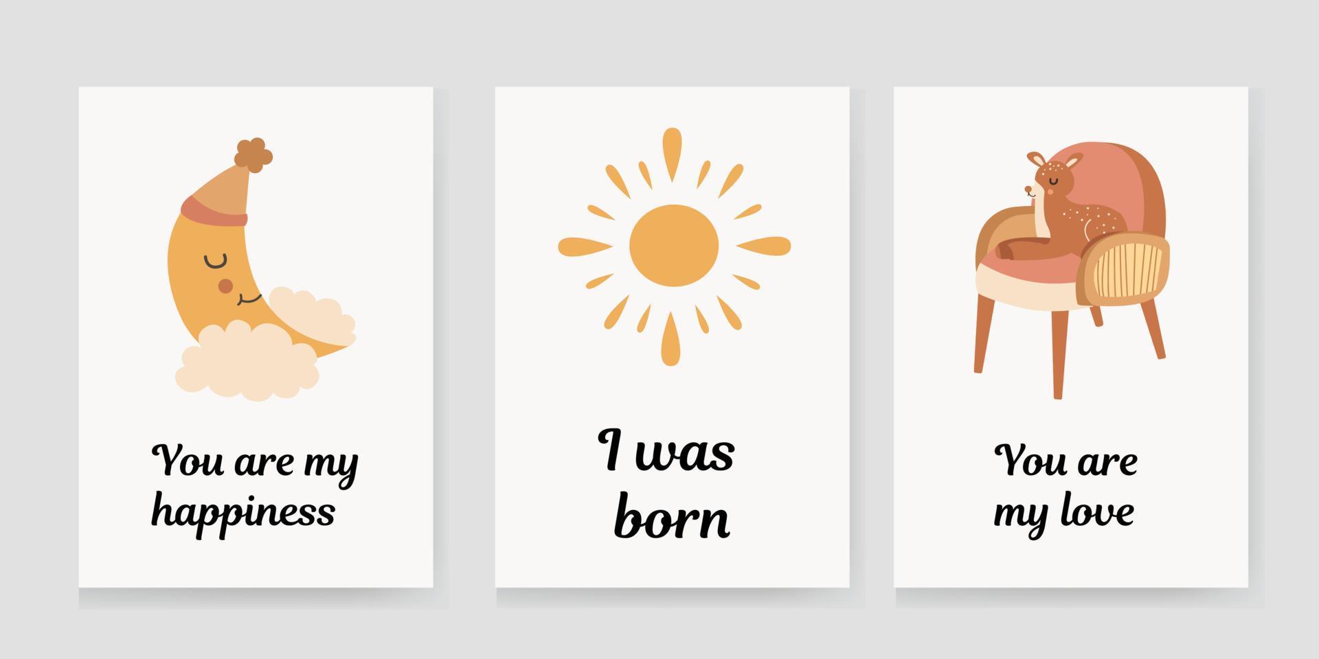 reeks van uitnodiging kaarten voor kinderen met de zon, maan en een baby stoel met een wieg. felicitatie. vector illustratie.