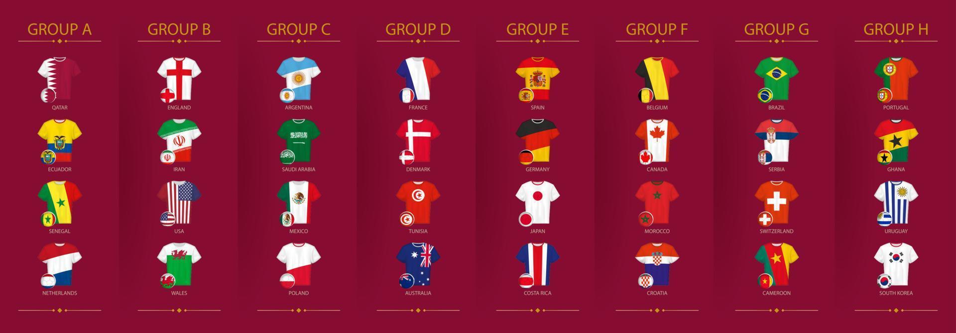 Amerikaans voetbal truien en Amerikaans voetbal bal met vlag van Amerikaans voetbal 2022 wedstrijd deelnemers gesorteerd door groep. vector
