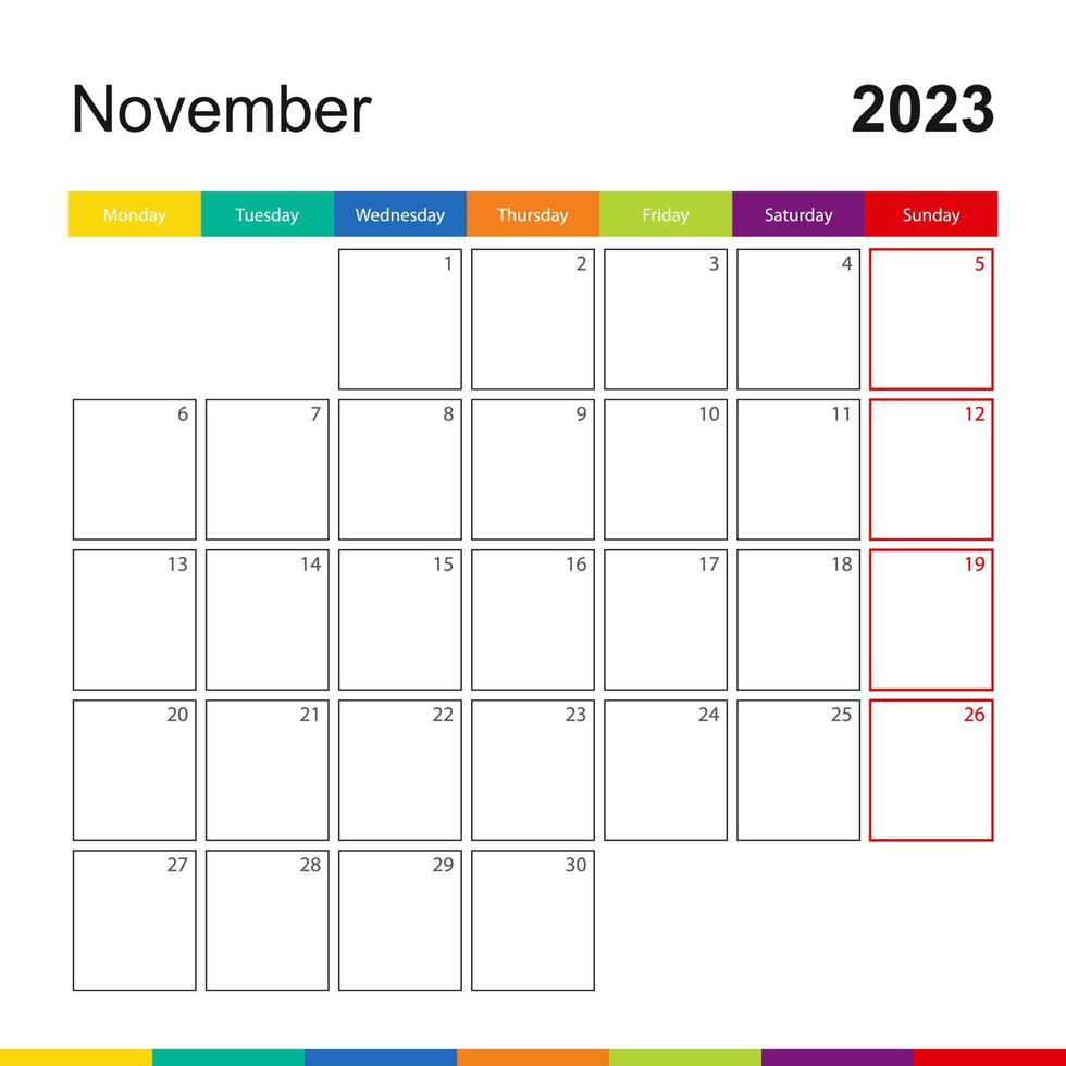 november 2023 kleurrijk muur kalender, week begint Aan maandag. vector