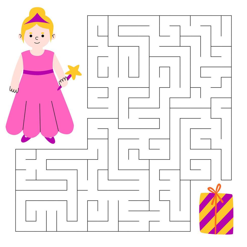 doolhof spel voor kinderen. schattig jongen in kostuum prinses tovenares op zoek voor een manier naar de geschenk. kinderen leerzaam spel. vector tekenfilm illustratie.