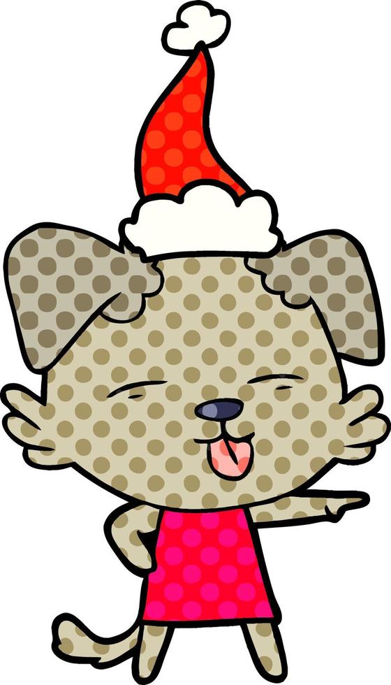 stripboekachtige illustratie van een hond die zijn tong uitsteekt en een kerstmuts draagt vector