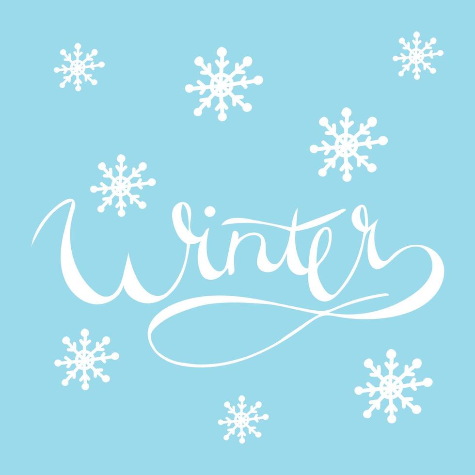 winter handgeschreven kalligrafische opschrift met sneeuwvlokken. hand- getrokken winter inspiratie zin. vector illustratie.wit opschrift Aan een blauw achtergrond.