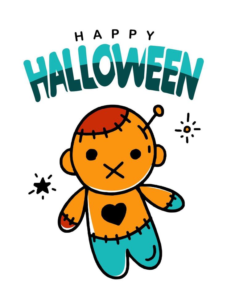 halloween groet kaart poster banier met voodoo pop vector ontwerp illustratie tekening stijl Aan wit achtergrond