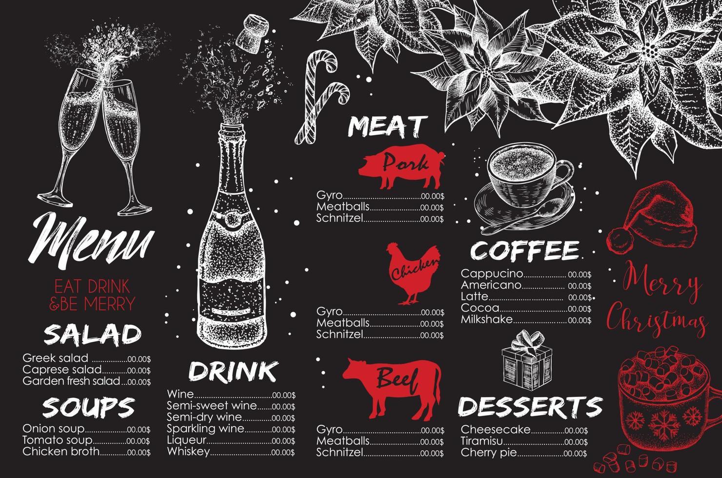 kerstmenu. vector hand getekende illustratie. ontwerp sjabloon.