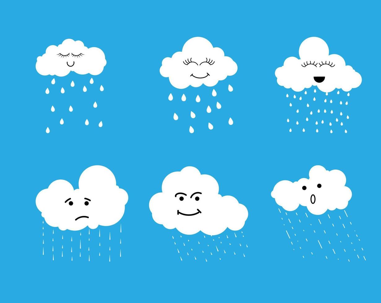 grappig wit wolk regen met uitdrukkingen verzameling vector