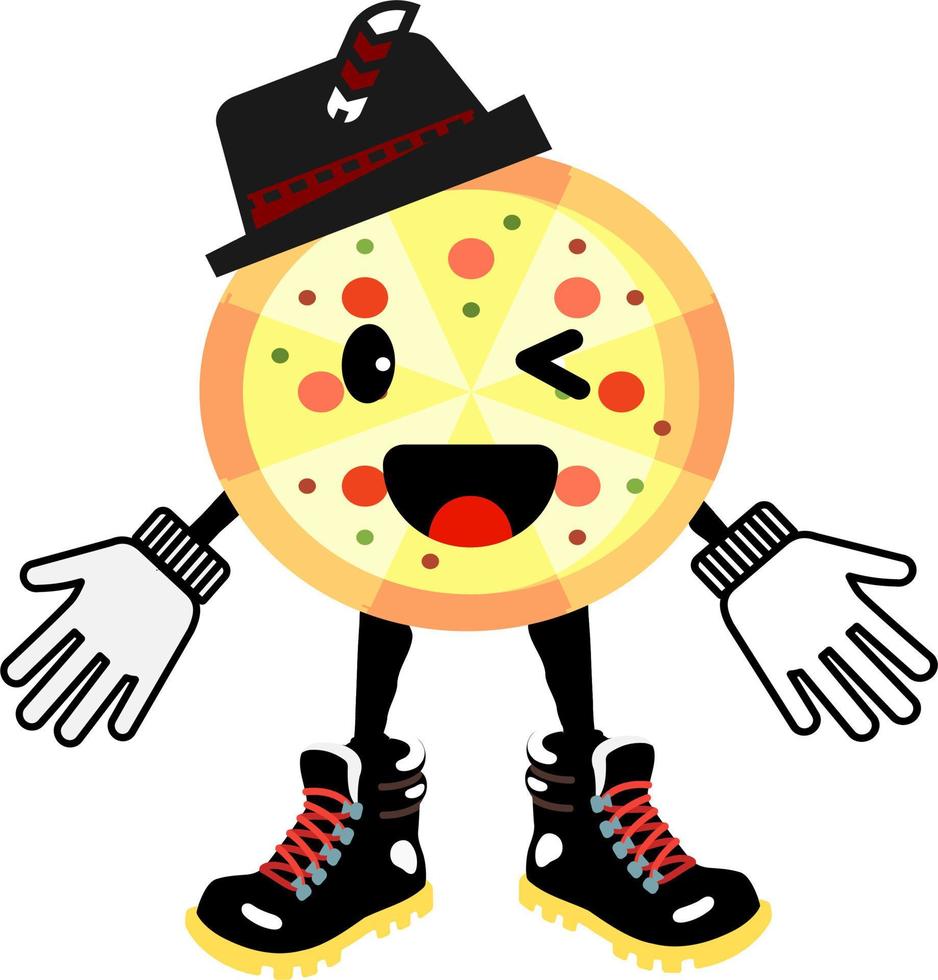 pizza mascotte met hoed vector icoon illustratie. pizza sticker tekenfilm logo. voedsel icoon concept wit geïsoleerd. vlak tekenfilm stijl geschikt voor web landen bladzijde, banier, sticker