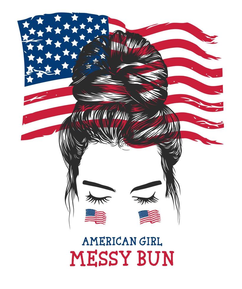 Dames rommelig bun kapsels, met Amerikaans vlag achtergrond vector klem kunst illustratie