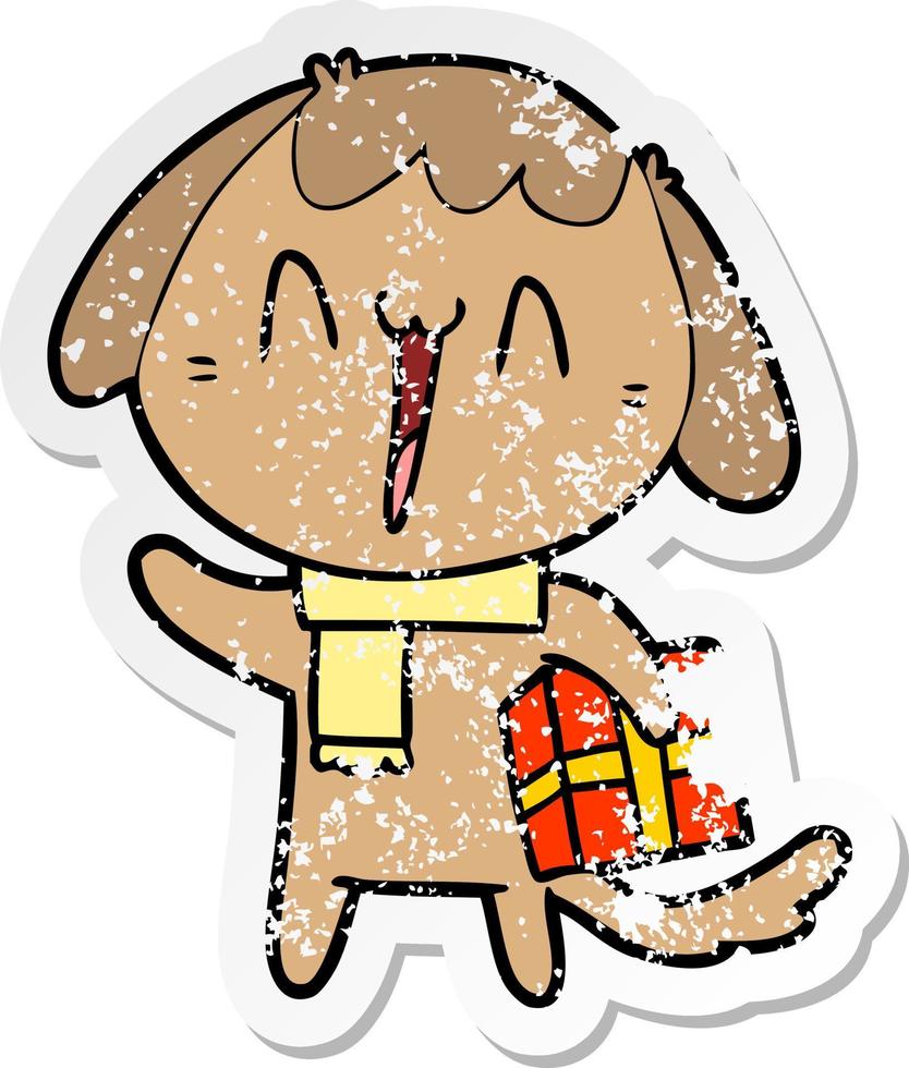 verontruste sticker van een schattige cartoonhond met kerstcadeau vector