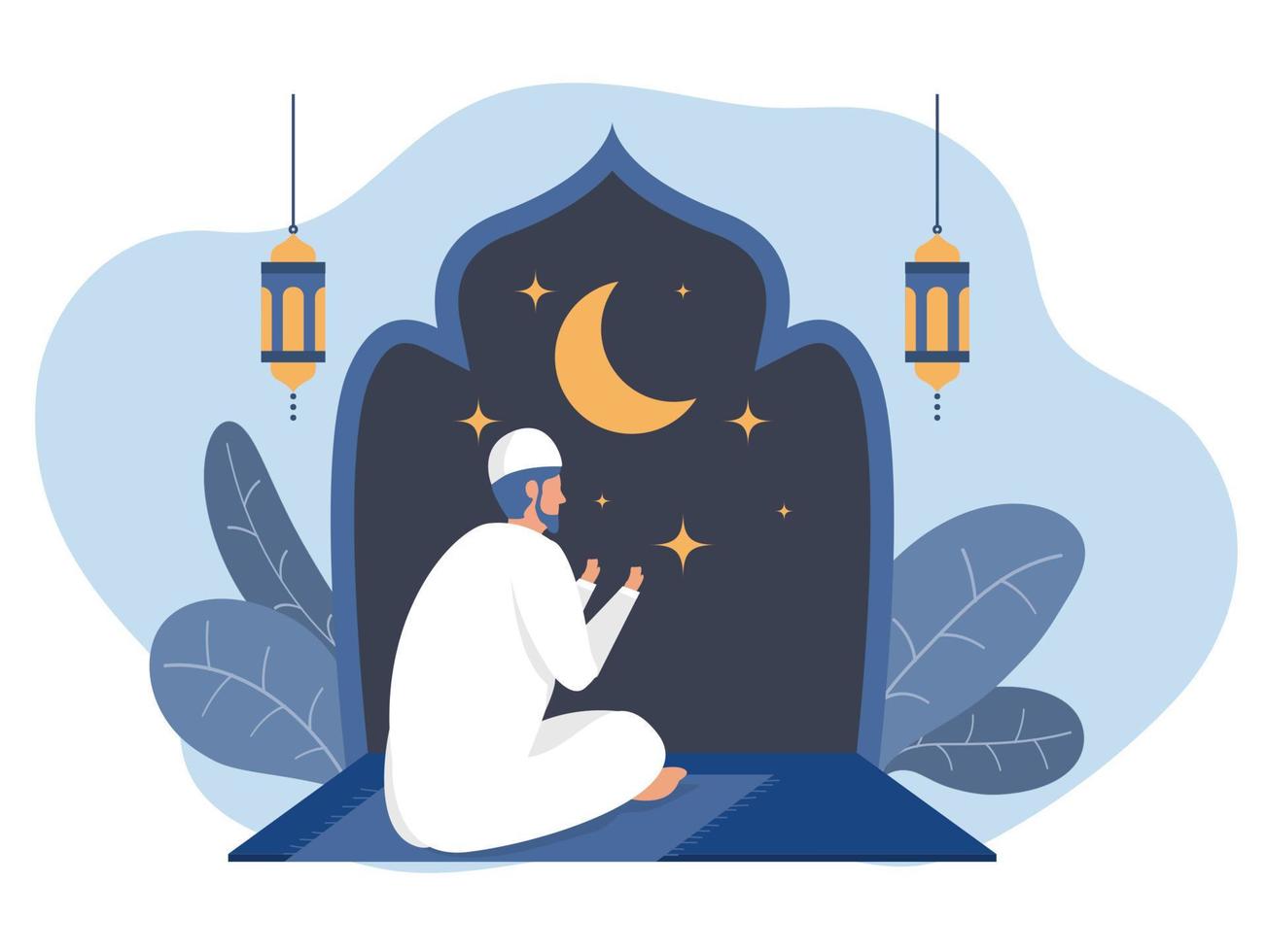 moslim bidden in de moskee Bij nacht, arabisch in traditioneel kleren voor nationaal religieus vakantie vector illustratie.