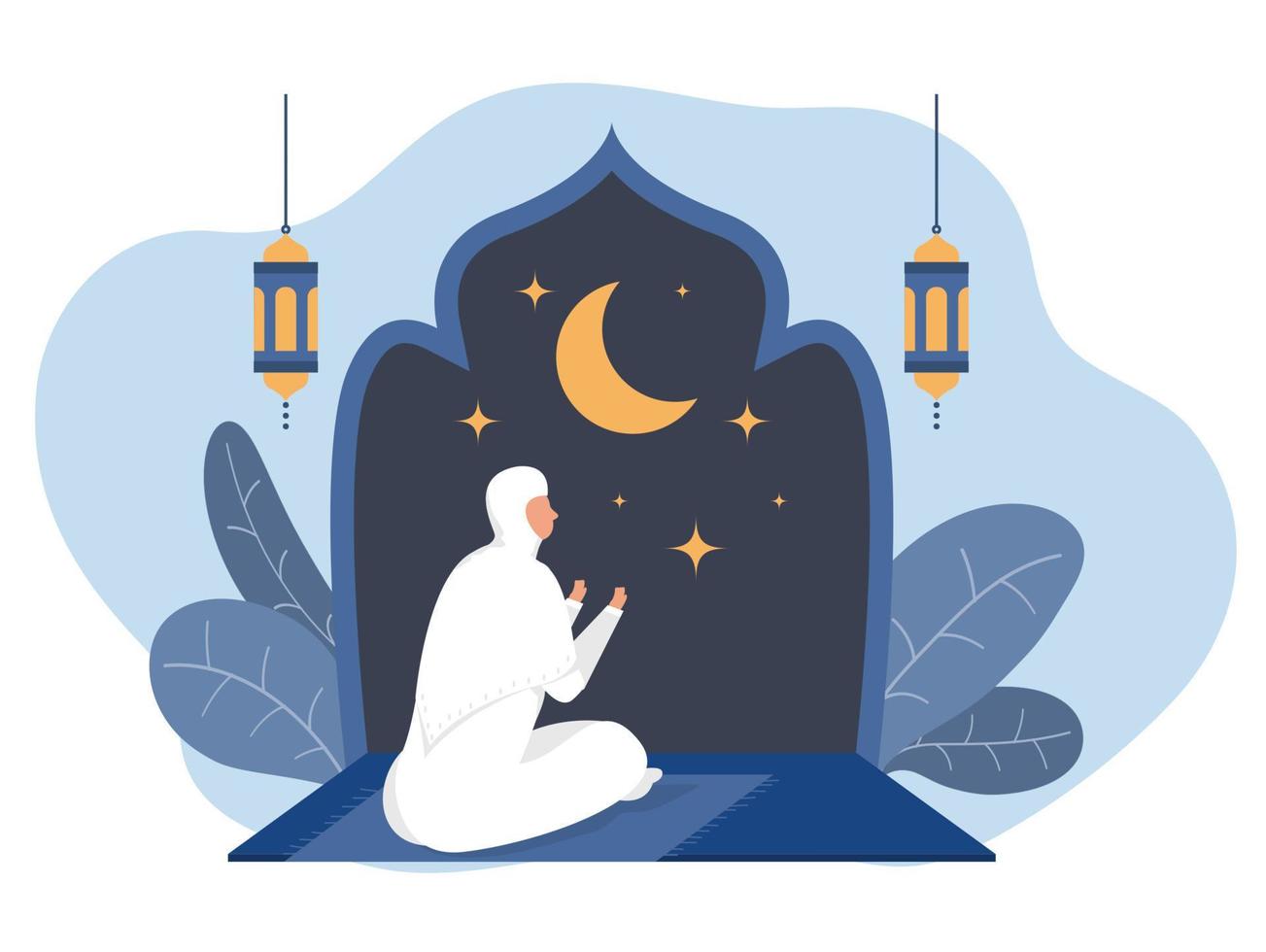moslim woamn bidden in de moskee Bij nacht, arabisch in traditioneel kleren voor nationaal religieus vakantie vector illustratie.