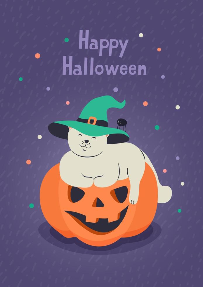 gelukkig halloween groet kaart met schattig katje vervelend een heks hoed en jack-o-lantern pompoen. hand- getrokken belettering en vector illustratie.