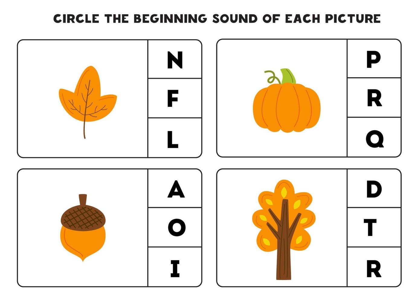 werkblad voor kinderen. vind de begin geluid van herfst elementen. vector