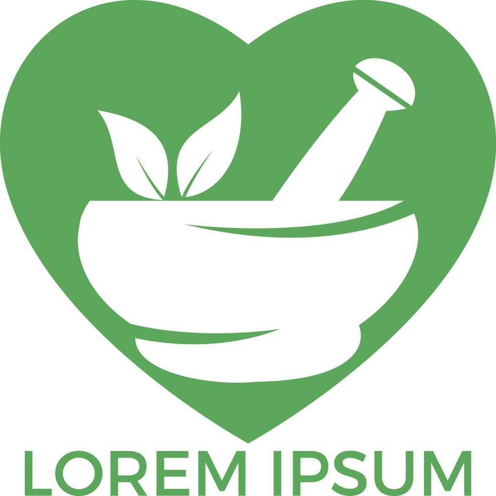 hart vorm apotheek medisch logo ontwerp. natuurlijk Mortier en stamper logo, geneeskunde kruiden illustratie symbool icoon vector ontwerp.