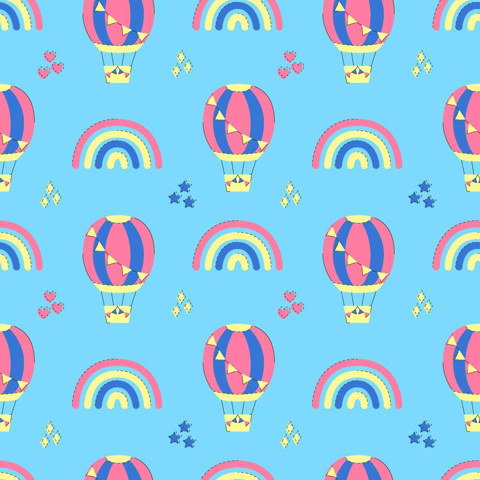 naadloos patroon aerostaten en regenboog in de lucht. lucht ballonnen Aan blauw achtergrond. kinderen vector illustratie voor kleding stof, textiel, behang