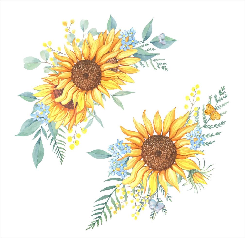 boeketten van zonnebloemen en wilde bloemen. aquarel compositie vector