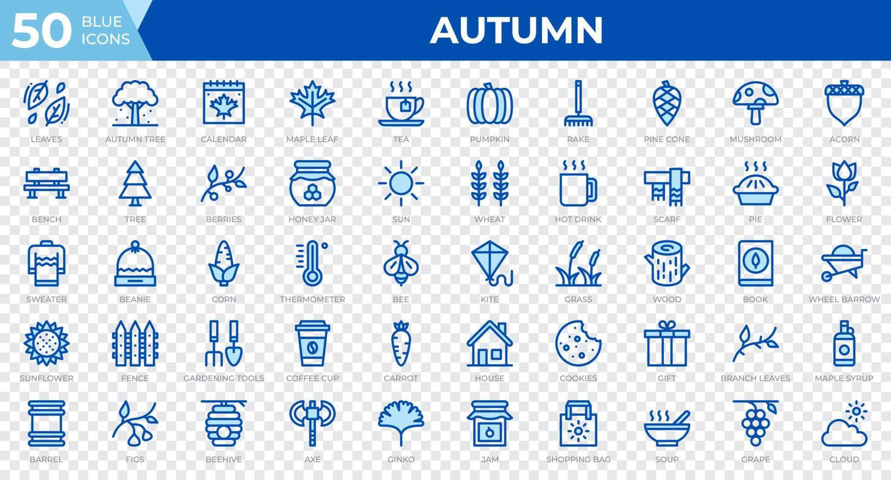 reeks van 50 herfst pictogrammen in lijn blauw stijl. bladeren, bessen, trui. schets pictogrammen verzameling. vector illustratie