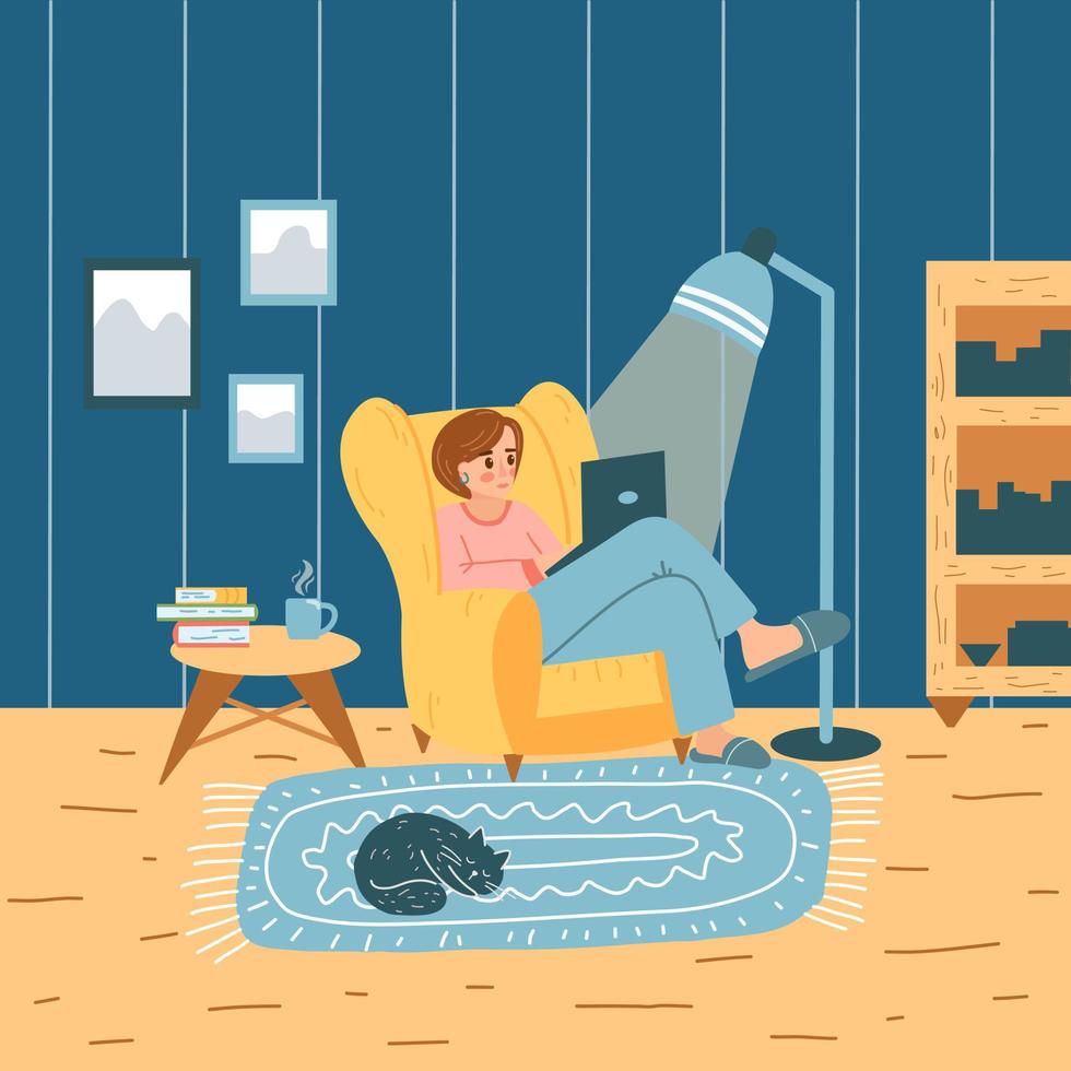 meisje in fauteuil werken Aan een laptop Bij huis in tekenfilm vlak stijl. freelance of aan het studeren concept, vrouw karakter surfing de internetten. knus huis interieur. vector