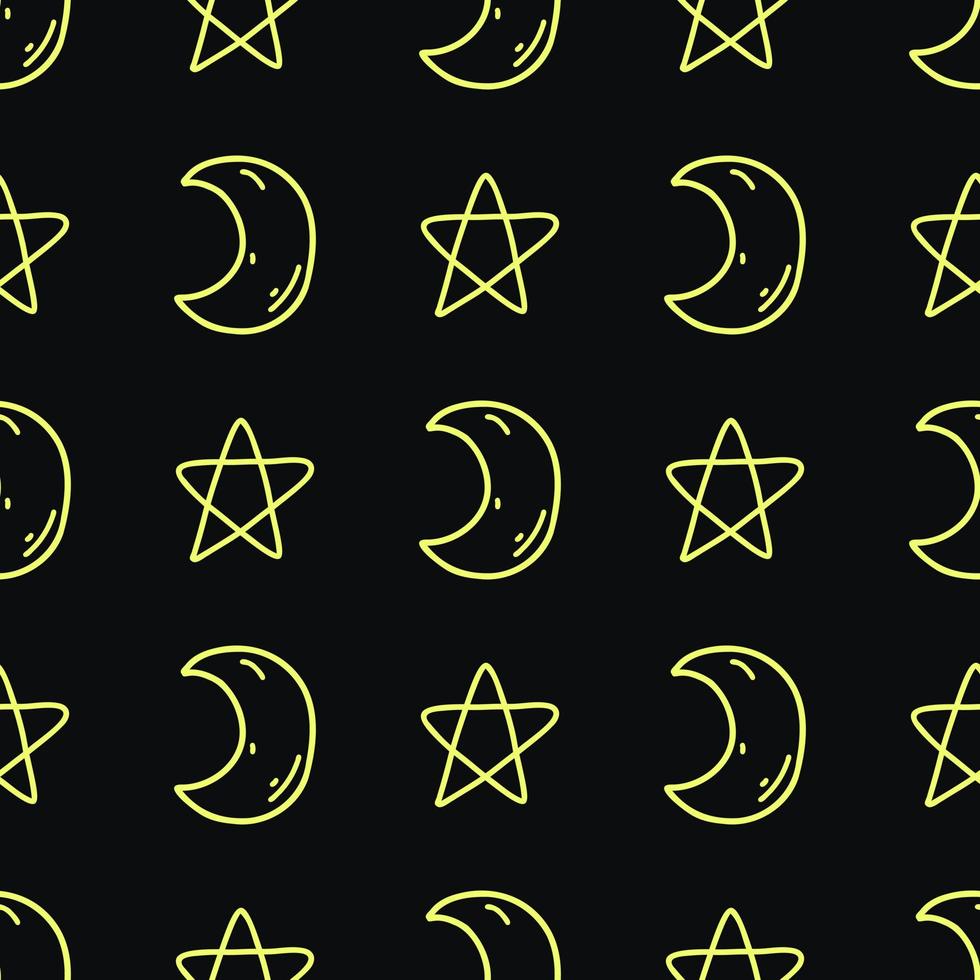 naadloos patroon met tekening maan en sterren in neon geel kleur Aan zwart achtergrond. vector illustratie van hemel- armaturen voor web en textiel ontwerp, omhulsel papper, kaart, afdrukken