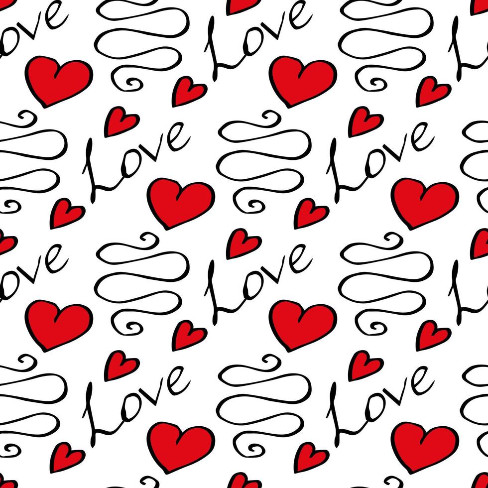 naadloos patroon met romantisch tekst liefde en rood harten Aan wit achtergrond. vector afbeelding.