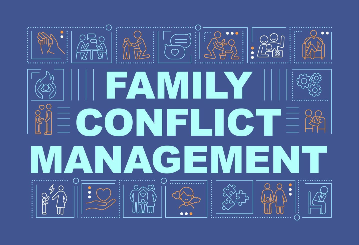 familie conflict beheer woord concepten blauw spandoek. oplossen problemen. infographics met pictogrammen Aan kleur achtergrond. geïsoleerd typografie. vector illustratie met tekst.