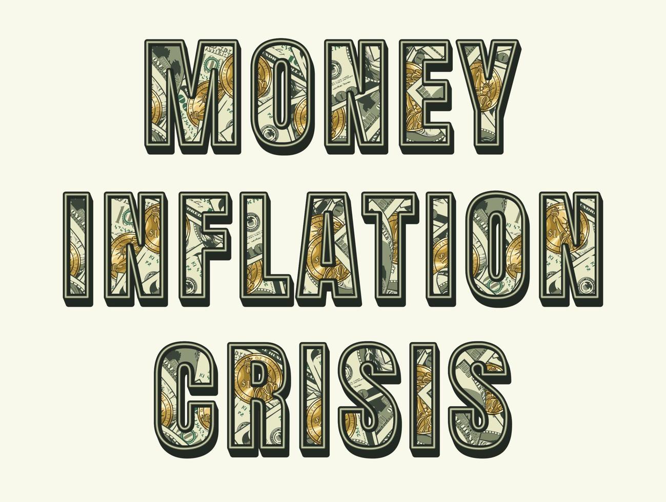 woord inflatie, geld, crisis met 100 ons dollar rekeningen en goud een dollar munten binnen van brieven. volumetrisch uiterlijk van tekst. vector