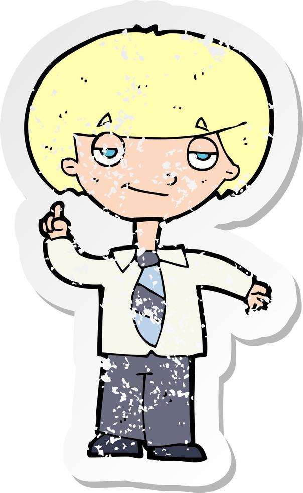 retro noodlijdende sticker van een cartoon schooljongen die een vraag beantwoordt vector