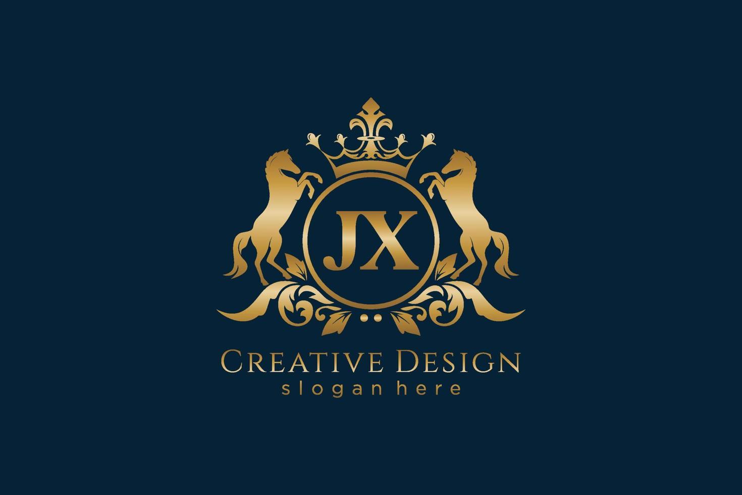 eerste jx retro gouden kam met cirkel en twee paarden, insigne sjabloon met scrollt en Koninklijk kroon - perfect voor luxueus branding projecten vector