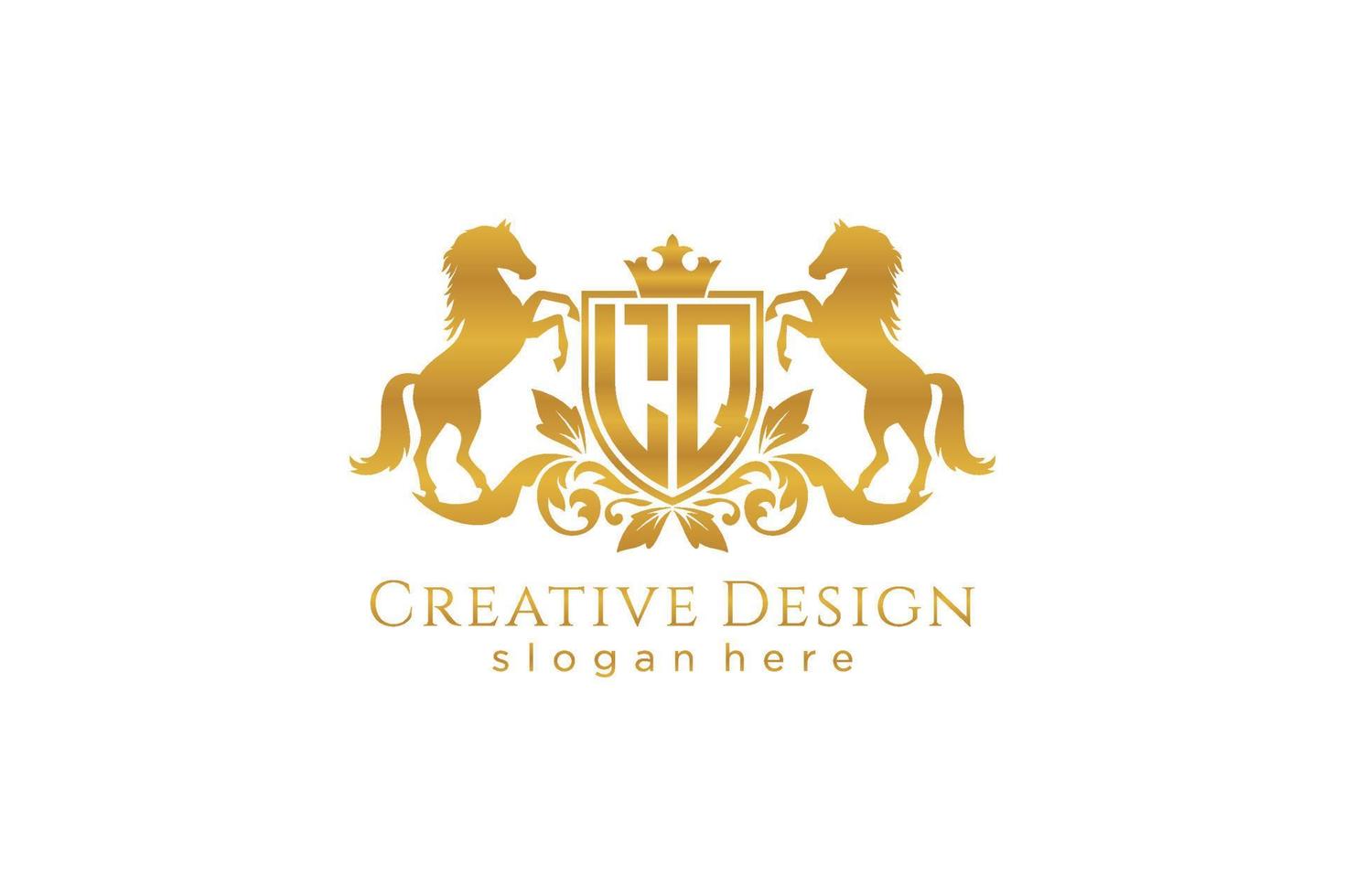 eerste lq retro gouden kam met schild en twee paarden, insigne sjabloon met scrollt en Koninklijk kroon - perfect voor luxueus branding projecten vector